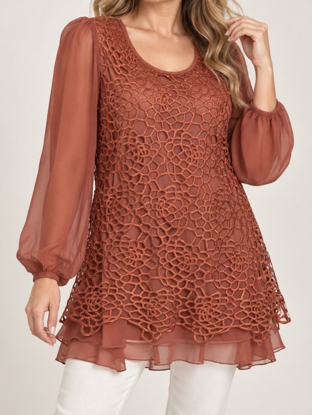 Pretty Angel Silk Blend Tunic Blouse Womens Small S Rust Terracotta Crochet Lace